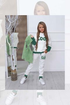Kız Çocuk Cool Baskılı Kapüşonlu Sweatshirt ve Peluş Yelekli Yeşil Eşofman Takım
