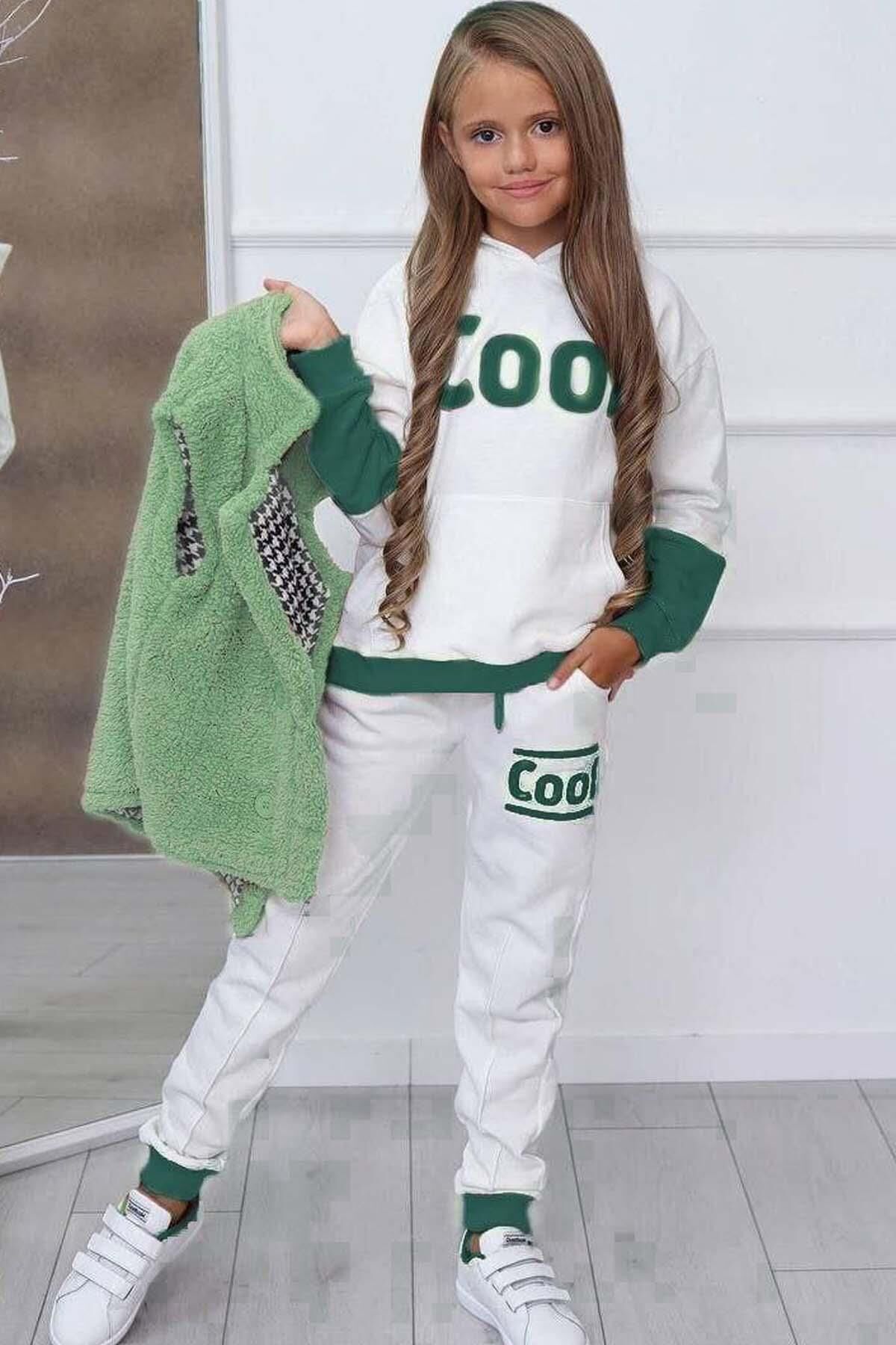 Kız Çocuk Cool Baskılı Kapüşonlu Sweatshirt ve Peluş Yelekli Yeşil Eşofman Takım
