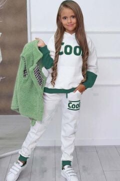 Kız Çocuk Cool Baskılı Kapüşonlu Sweatshirt ve Peluş Yelekli Yeşil Eşofman Takım