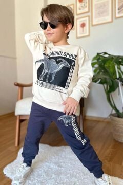 Erkek Çocuk Üzerinde Parasaurolophus Figürlü ve Yazı Baskılı Siyah Eşofman Takım