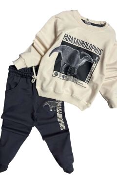 Erkek Çocuk Üzerinde Parasaurolophus Figürlü ve Yazı Baskılı Siyah Eşofman Takım