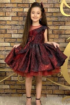 Kız Çocuk Mix Color Tül Detaylı Belden Bağlamalı Bordo Abiye