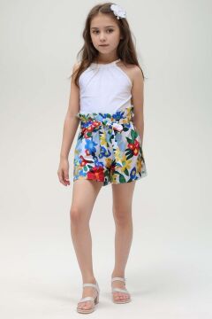 Kız Çocuk Renkli Flower Baskı ve Halter Yaka White Bluz Şortlu Takım