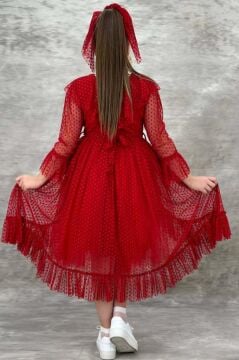 Kız Çocuk Güpür Detaylı Yakası Fırfırlı Puantiyeli Eteği Kabarık Tüllü Kırmızı Abiye