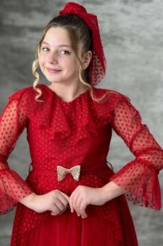 Kız Çocuk Güpür Detaylı Yakası Fırfırlı Puantiyeli Eteği Kabarık Tüllü Kırmızı Abiye