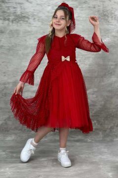 Kız Çocuk Güpür Detaylı Yakası Fırfırlı Puantiyeli Eteği Kabarık Tüllü Kırmızı Abiye