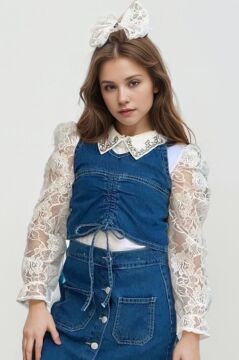 Kız Çocuk Yakası Taş İşlemeli Dantelli Bluz Mavi Jean Jile Etekli Takım