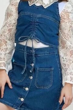 Kız Çocuk Yakası Taş İşlemeli Dantelli Bluz Mavi Jean Jile Etekli Takım