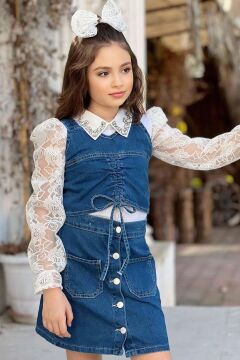 Kız Çocuk Yakası Taş İşlemeli Dantelli Bluz Mavi Jean Jile Etekli Takım