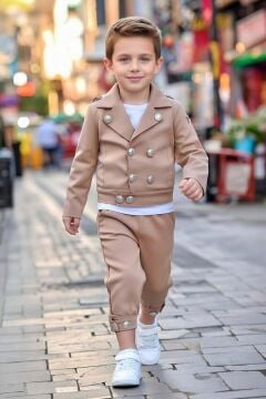 Erkek Çocuk Gold Düğme Detaylı Penye Ceket Dar Kesim Pantolon Kum Rengi Alt Üst Takım
