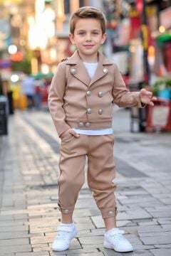 Erkek Çocuk Gold Düğme Detaylı Penye Ceket Dar Kesim Pantolon Kum Rengi Alt Üst Takım