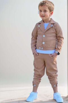 Erkek Çocuk Gold Düğme Detaylı Penye Ceket Dar Kesim Pantolon Kum Rengi Alt Üst Takım