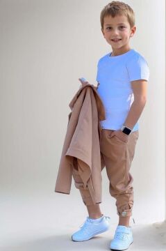 Erkek Çocuk Gold Düğme Detaylı Penye Ceket Dar Kesim Pantolon Kum Rengi Alt Üst Takım