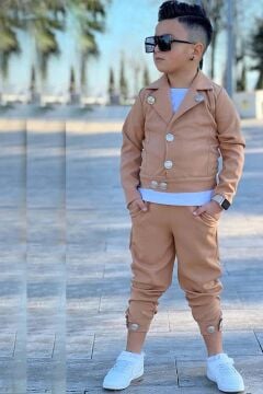 Erkek Çocuk Gold Düğme Detaylı Penye Ceket Dar Kesim Pantolon Kum Rengi Alt Üst Takım