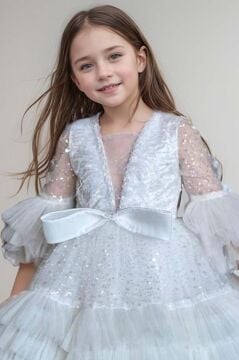 Kız Çocuk Parlak Pulpayet İşlemeli Yakası Taş Şerit Detaylı Eteği Kat Kat Tüllü Beyaz Abiye