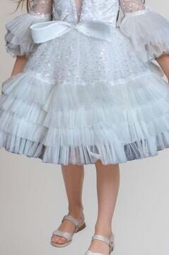 Kız Çocuk Parlak Pulpayet İşlemeli Yakası Taş Şerit Detaylı Eteği Kat Kat Tüllü Beyaz Abiye