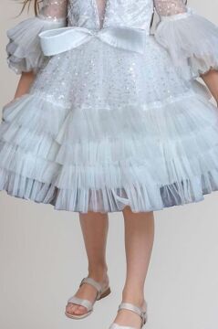 Kız Çocuk Parlak Pulpayet İşlemeli Yakası Taş Şerit Detaylı Eteği Kat Kat Tüllü Beyaz Abiye