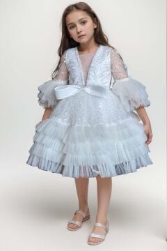 Kız Çocuk Parlak Pulpayet İşlemeli Yakası Taş Şerit Detaylı Eteği Kat Kat Tüllü Beyaz Abiye