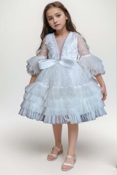 Kız Çocuk Parlak Pulpayet İşlemeli Yakası Taş Şerit Detaylı Eteği Kat Kat Tüllü Beyaz Abiye