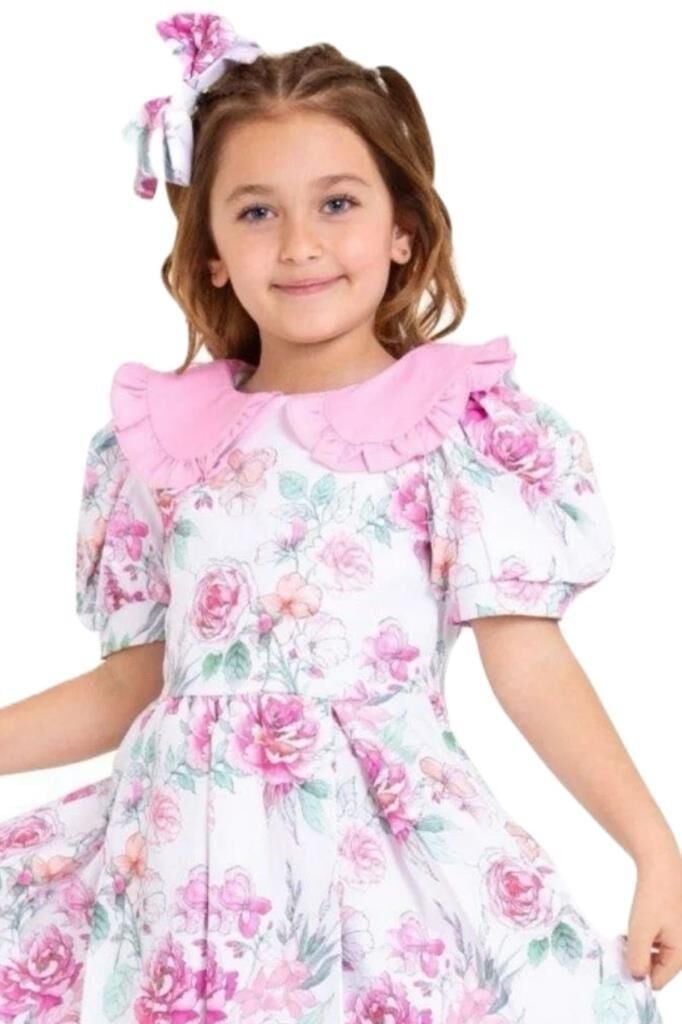Kız Çocuk Bebe Yaka Çiçek Desenli Beyaz Elbise