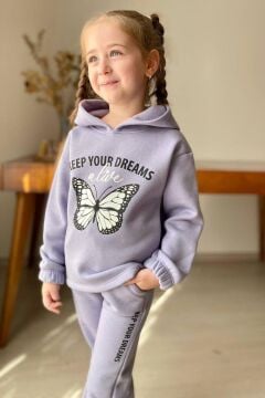 Kız Çocuk Bilekleri ve Paçası Lastikli Kelebek ve Yazı Figürlü Lila Eşofman Takım