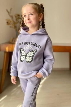 Kız Çocuk Bilekleri ve Paçası Lastikli Kelebek ve Yazı Figürlü Lila Eşofman Takım