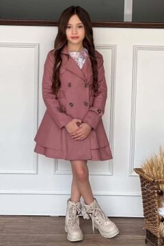 Kız Çocuk Çiçek Desenli Piliseli Gül Kurusu Trençkotlu Elbise