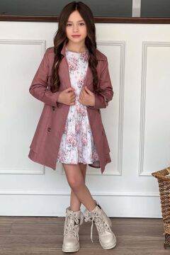 Kız Çocuk Çiçek Desenli Piliseli Gül Kurusu Trençkotlu Elbise