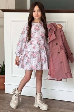 Kız Çocuk Çiçek Desenli Piliseli Gül Kurusu Trençkotlu Elbise