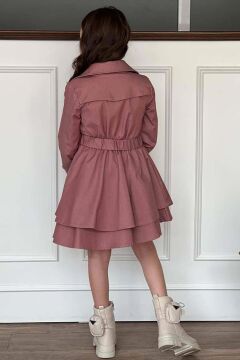 Kız Çocuk Çiçek Desenli Piliseli Gül Kurusu Trençkotlu Elbise