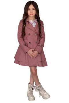 Kız Çocuk Çiçek Desenli Piliseli Gül Kurusu Trençkotlu Elbise