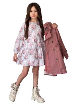 Kız Çocuk Çiçek Desenli Piliseli Gül Kurusu Trençkotlu Elbise