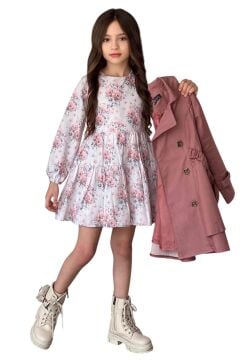 Kız Çocuk Çiçek Desenli Piliseli Gül Kurusu Trençkotlu Elbise