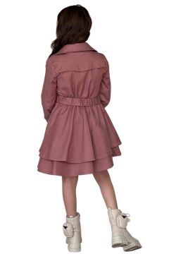 Kız Çocuk Çiçek Desenli Piliseli Gül Kurusu Trençkotlu Elbise