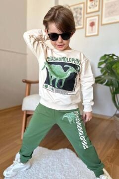 Erkek Çocuk Üzerinde Parasaurolophus Figürlü ve Yazı Baskılı Yeşil Eşofman Takım