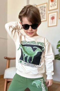 Erkek Çocuk Üzerinde Parasaurolophus Figürlü ve Yazı Baskılı Yeşil Eşofman Takım