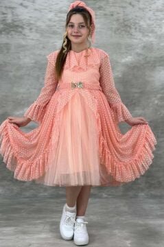 Kız Çocuk Güpür Detaylı Yakası Fırfırlı Puantiyeli Eteği Kabarık Tüllü Somon Abiye