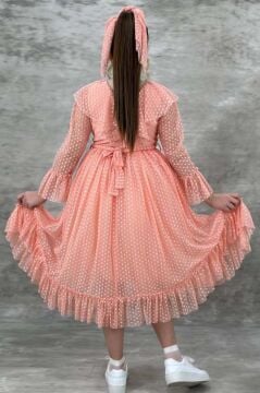Kız Çocuk Güpür Detaylı Yakası Fırfırlı Puantiyeli Eteği Kabarık Tüllü Somon Abiye