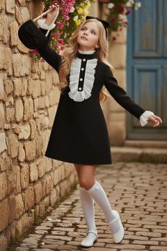 Kız Çocuk Fırfır ve Palyaço Yaka Göğsü Düğme ve Dantel İşleme Detaylı Şanel Siyah Elbise