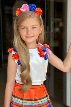 Kız Çocuk Sıfır Kol Üzeri 3D Gül İşlemeli Bluz Renkli Şerit Detaylı Mavi Etekli Takım