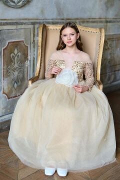 Kız Çocuk Üzeri Pulpayet İşlemeli Kolları Şeffaf Tüllü Toka Detaylı Bej Abiye