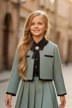 Kız Çocuk Yaka ve Ceket Kenarları Şerit Detaylı Ceket Klasik Gömlek Pileli Yeşil Şanel Etekli Takım
