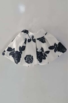 Kız Çocuk Beli Manşetli Yandan Fermuarlı Üzeri Gül Baskılı Kabarık Beyaz Etek