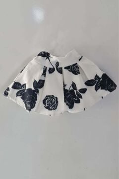 Kız Çocuk Beli Manşetli Yandan Fermuarlı Üzeri Gül Baskılı Kabarık Beyaz Etek