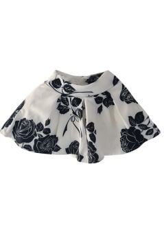 Kız Çocuk Beli Manşetli Yandan Fermuarlı Üzeri Gül Baskılı Kabarık Beyaz Etek