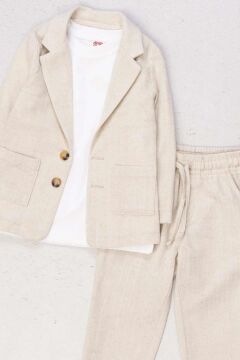 Erkek Çocuk Kruvaze Yaka Kesim Çift Cepli Keten Blazer Ceket Penye T-Shirt Krem Keten Alt Üst Takım