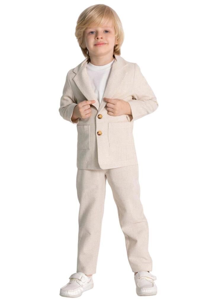 Erkek Çocuk Kruvaze Yaka Kesim Çift Cepli Keten Blazer Ceket Penye T-Shirt Krem Keten Alt Üst Takım