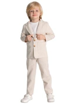 Erkek Çocuk Kruvaze Yaka Kesim Çift Cepli Keten Blazer Ceket Penye T-Shirt Krem Keten Alt Üst Takım