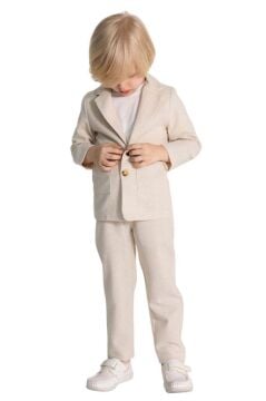 Erkek Çocuk Kruvaze Yaka Kesim Çift Cepli Keten Blazer Ceket Penye T-Shirt Krem Keten Alt Üst Takım