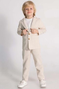 Erkek Çocuk Kruvaze Yaka Kesim Çift Cepli Keten Blazer Ceket Penye T-Shirt Krem Keten Alt Üst Takım